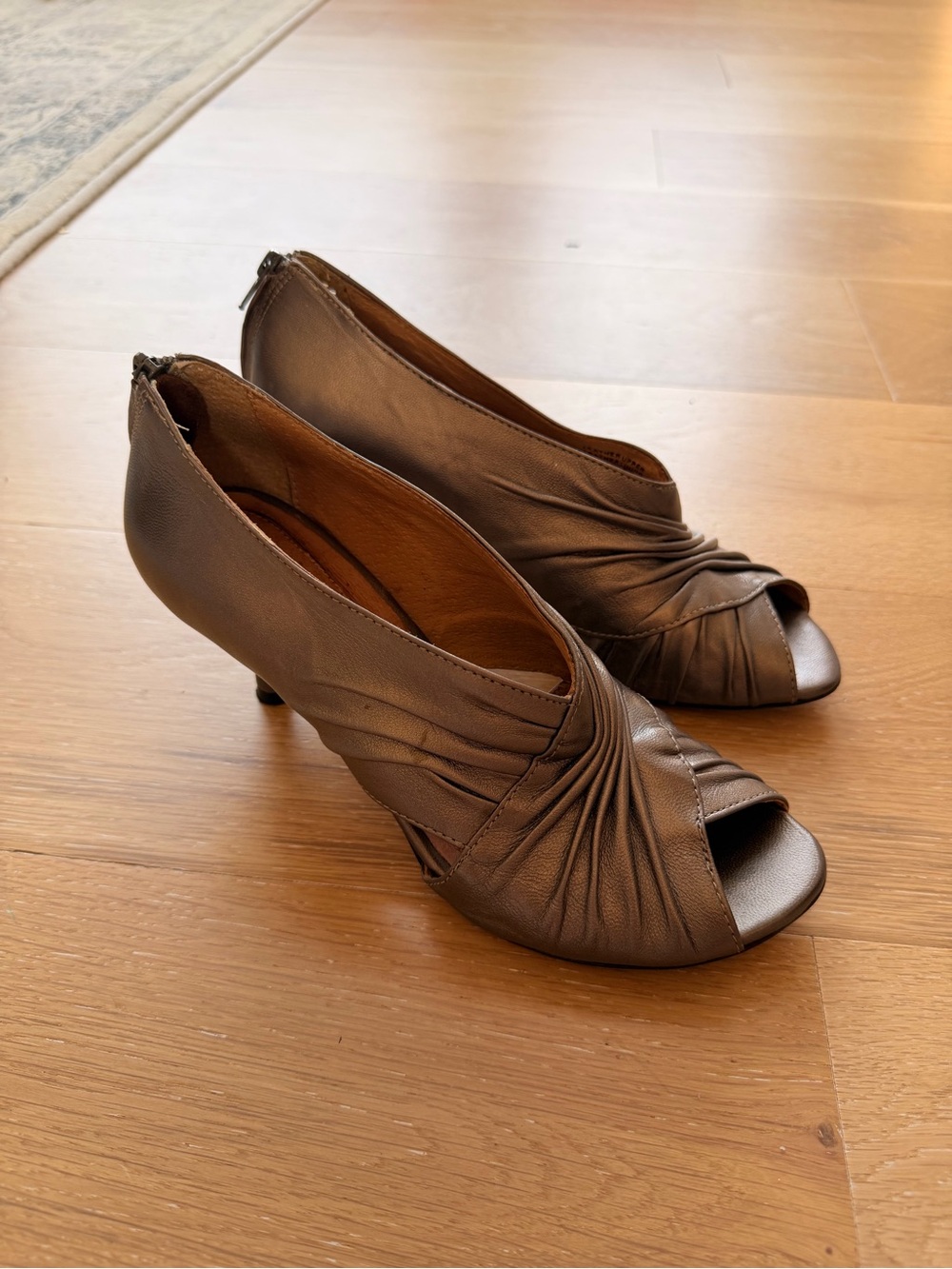 Corso Como Metallic Leather Taupe Peep-Toe Ruched Heels